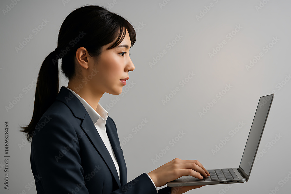 ノートPCを操作する横顔のビジネスウーマン ノートPCを操作する横顔のビジネスウーマン