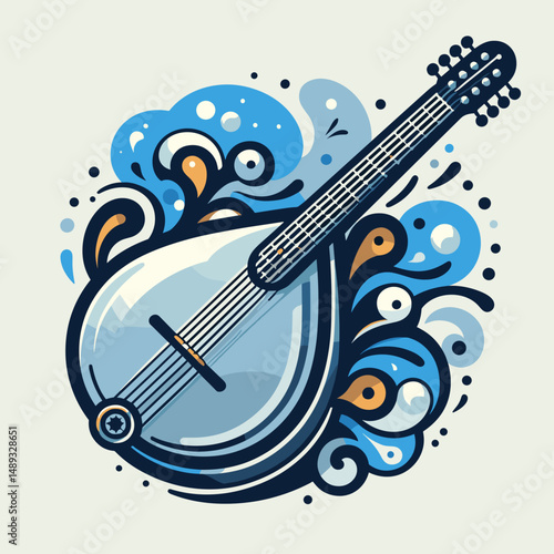 Colorful mandolin illustration with swirls in blue and brown tones  