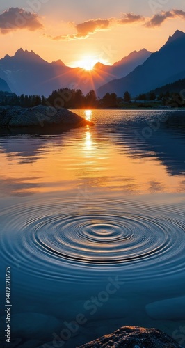 Sunset Lake Ripple Reflection Mountains.