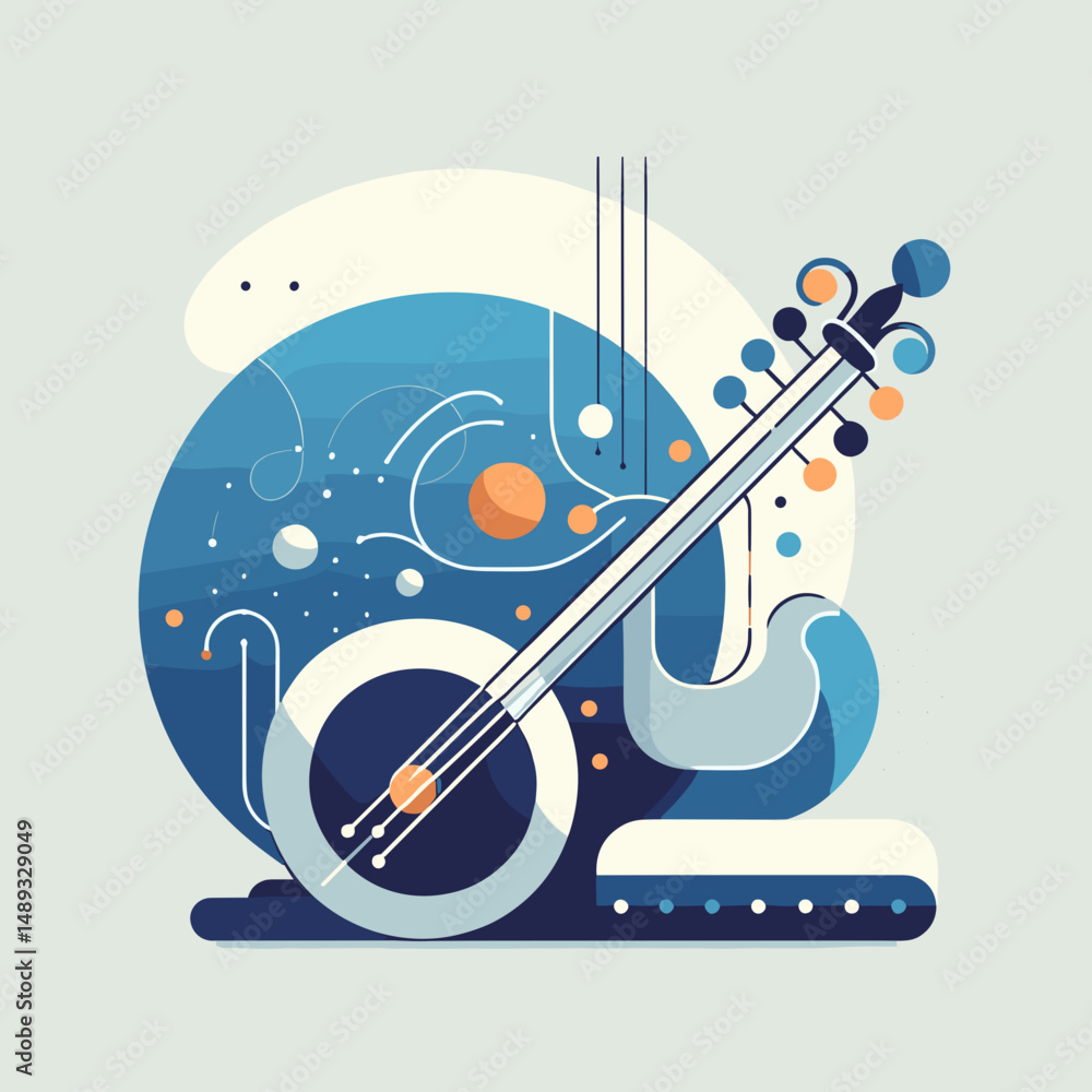 Fototapeta premium Abstract illustration of a banjo with colorful circular patterns