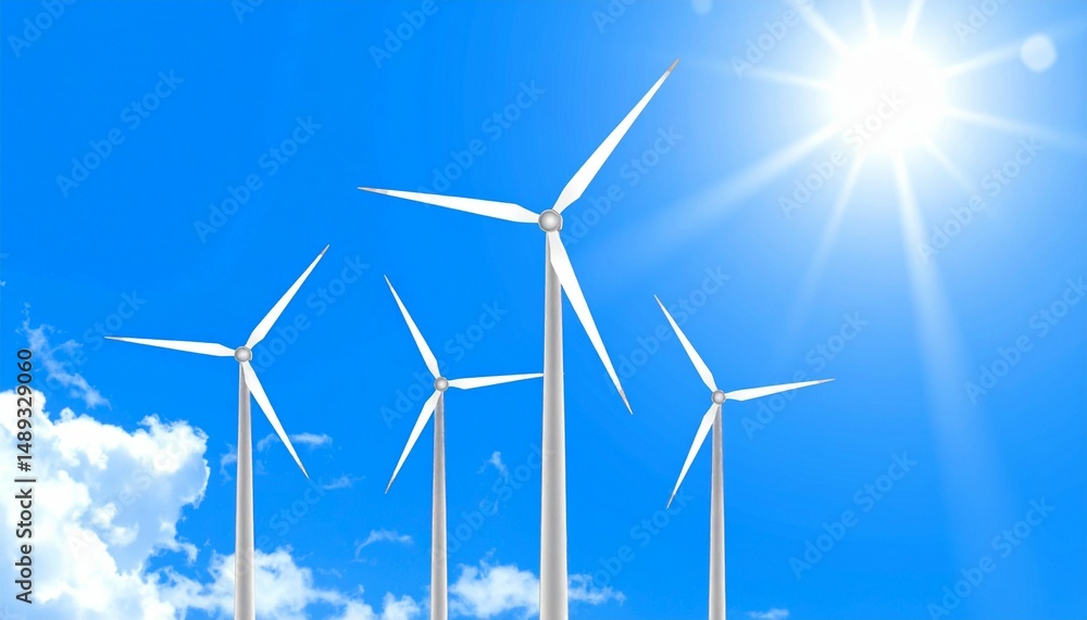 Fototapeta premium Wind turbines generating renewable energy against a bright blue sky with scattered clouds.