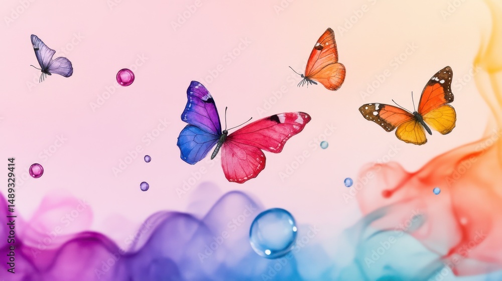 Abstract artistic scene with scattered watercolor bubbles and winged butterflies Abstract artistic scene with scattered watercolor bubbles and winged butterflies