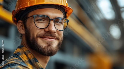 Smiling construction worker with glasses and hard hat in industrial environment