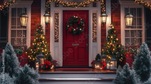 Wallpaper Mural Festive front porch with red door, decorated Christmas wreath, lit Christmas trees, garlands, lanterns, poinsettias, and snowy evergreen bushes creating warm holiday ambiance Torontodigital.ca