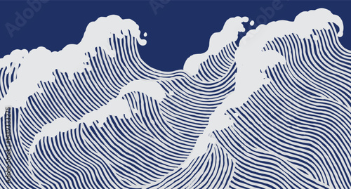 Crafted hand drawn brush lines abstract big waves in the ocean pattern, Japanese and ethnic wood carving texture background in white and blue, simple graphic for textile, carpet, decoration