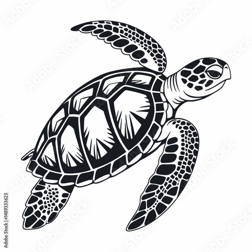 A simple black and white illustration of a sea turtle viewed from above. The turtle has a detailed shell with geometric patterns, flippers extended, and a textured head.
