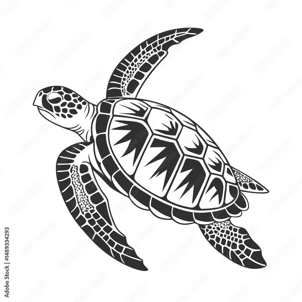 Obraz premium A simple black and white illustration of a sea turtle viewed from above. The turtle has a detailed shell with geometric patterns, flippers extended, and a textured head.