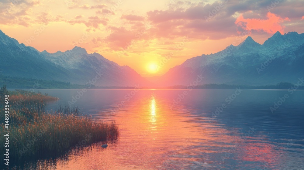Naklejka premium Majestic sunset over a serene lake, with snow-capped mountains