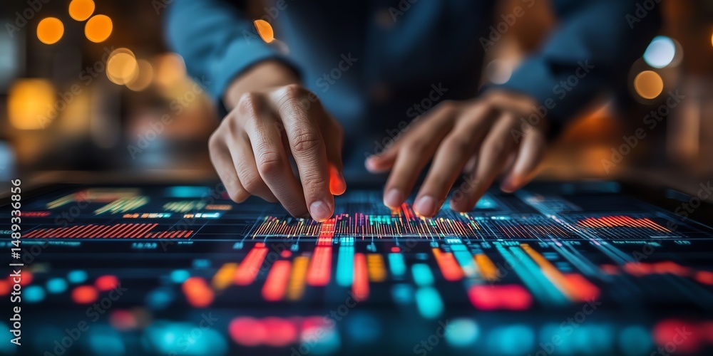 Hands Interacting with Vibrant Data Visualization on a Sleek Display Hands Interacting with Vibrant Data Visualization on a Sleek Display