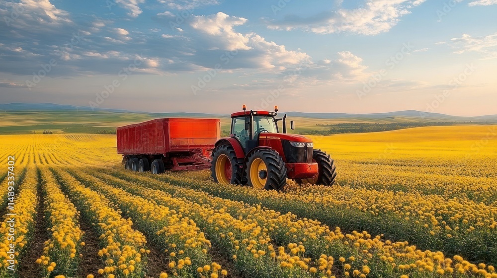 Fototapeta premium red tractor pulling a trailer through a vast field of yellow flowering plants under a blue sky with scattered clouds