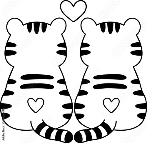 Cute animal couple tigers with hearts, symbolizing love and affection