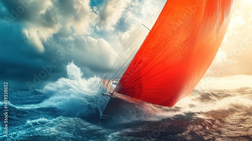 Red sailboat cutting through ocean waves under dramatic sky