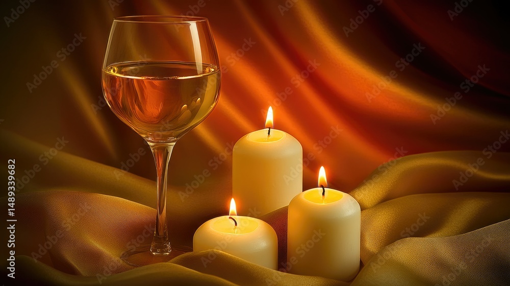 White wine with candles, and silk backdrop. White wine with candles, and silk backdrop.