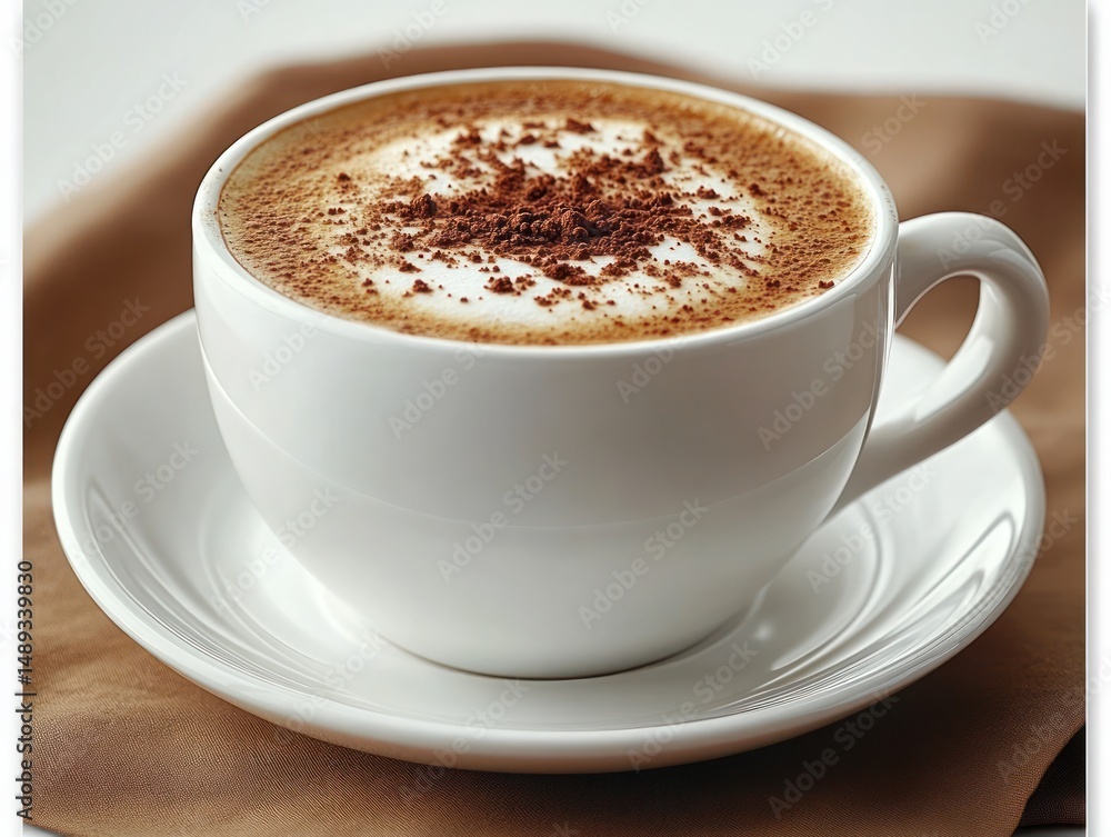 Close-up of a white ceramic cup filled with frothy cappuccino topped with sprinkled cocoa powder on a matching saucer placed on a brown cloth Close-up of a white ceramic cup filled with frothy cappuccino topped with sprinkled cocoa powder on a matching saucer placed on a brown cloth