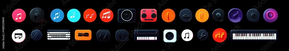 Fototapeta premium Array of colorful circular and rectangular music and audio related icons on a black background, featuring musical notes, instruments, and audio equipment symbols