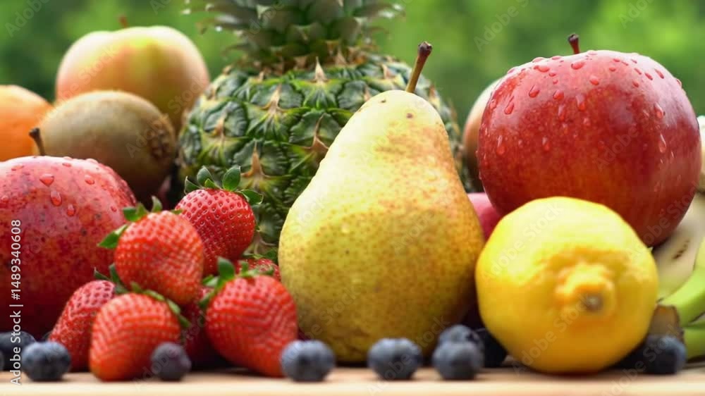 A colorful array of fresh fruits including strawberries, apple, pineapple and bananas A colorful array of fresh fruits including strawberries, apple, pineapple and bananas