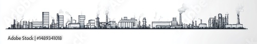 Detailed black and white industrial cityscape with numerous factory buildings and chimneys emitting smoke, illustrating heavy industrial activity and environmental impact