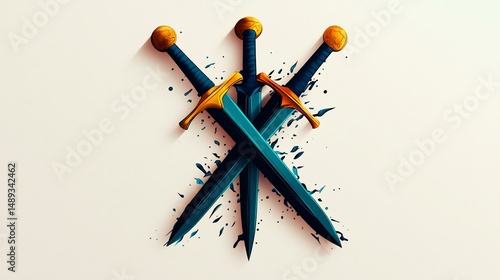 Three swords crossed, surrounded by abstract splatters on a light background