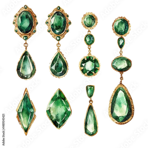 Set Of Emerald-studded Earrings In Vintage Style, watercolor vector, high quality, isolated on a white background.