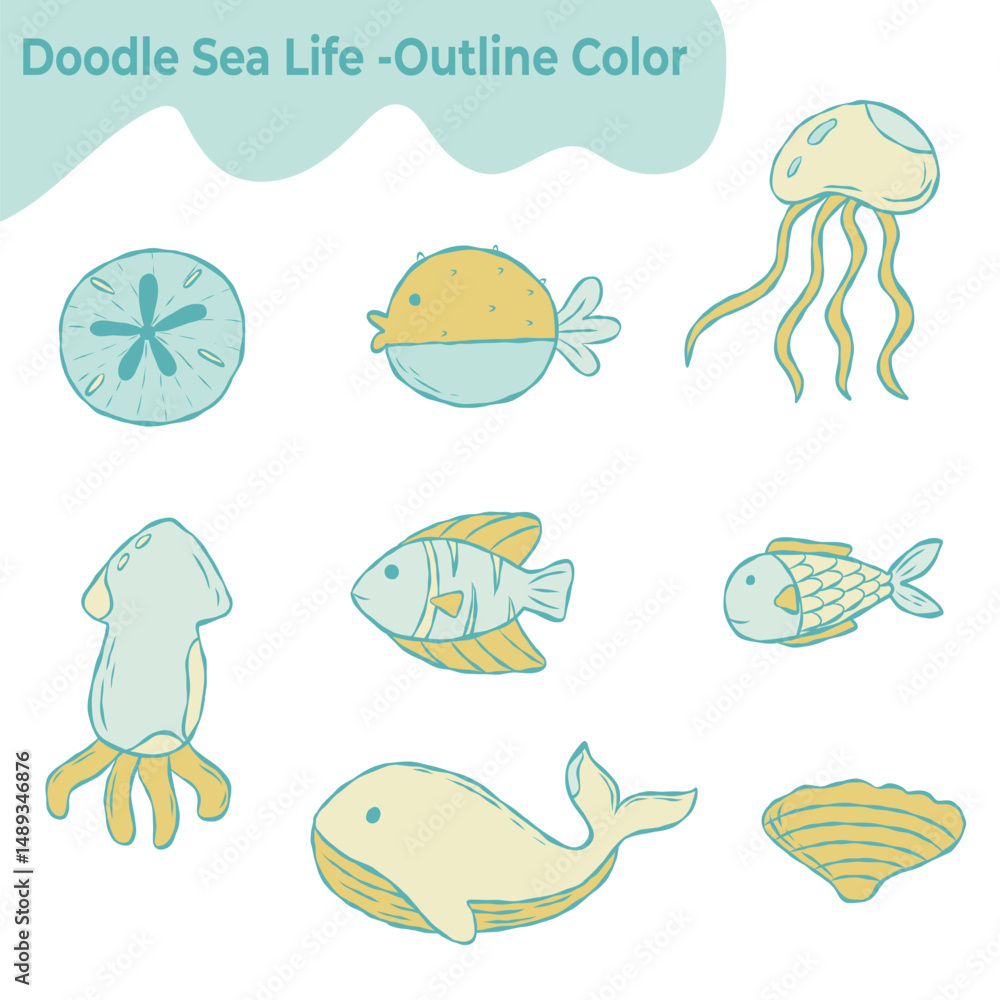 Fototapeta premium Doodle Sea Creatures and Marine Life 