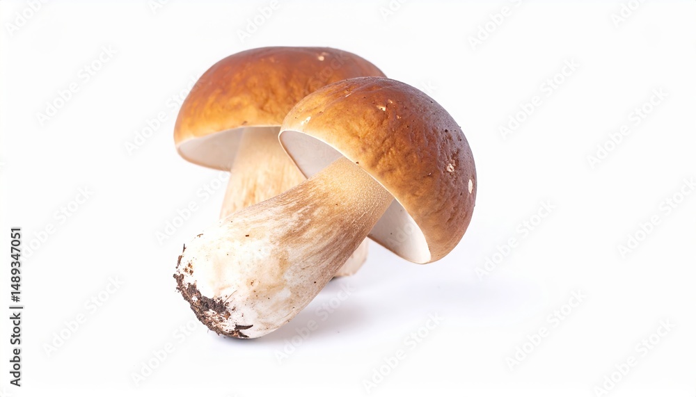 Fototapeta premium Two Fresh Porcini Mushrooms Isolated on White Background Perfect for Culinary and Gourmet Food Images