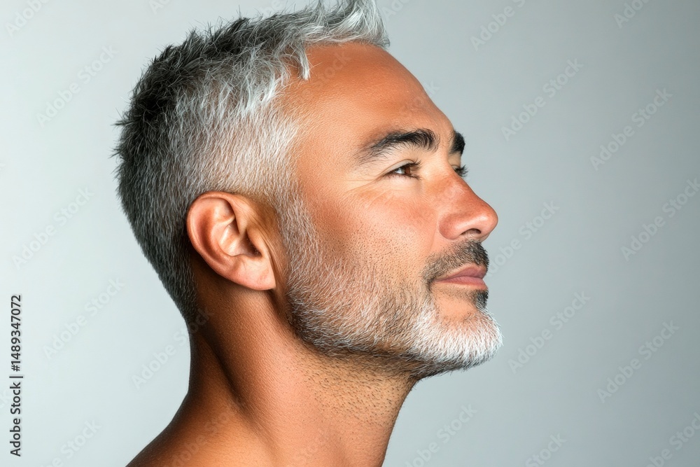 Fototapeta premium A glowing man radiating happiness and confidence. A relaxed man looking serene in his portrait. A graceful man with a warm and welcoming smile. A man with a natural glow and soft masculinity.