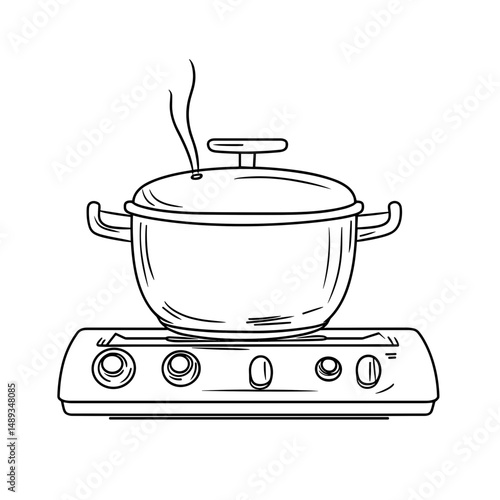 Line drawing of a multicooker with steam cooking on a stovetop  