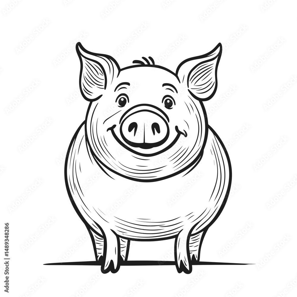 Fototapeta premium Happy pig standing with a smile in a simple line drawing style - Concept of travel 