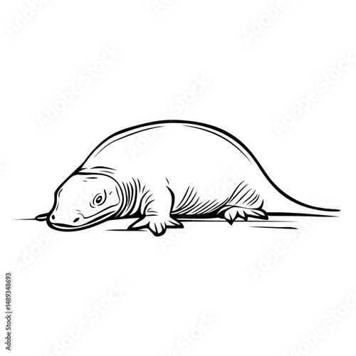 Komodo dragon illustration in simple line art style for travel concept  