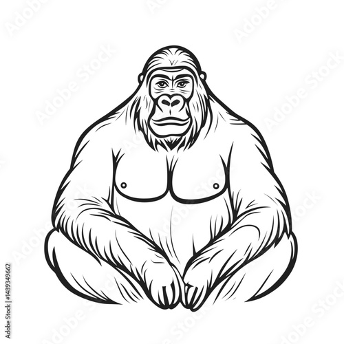 Gorilla sitting calmly in a relaxed pose with detailed illustration  
