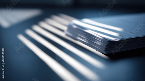 Stack of papers with shadows cast by sunlight creates dramatic effect, emphasizing texture