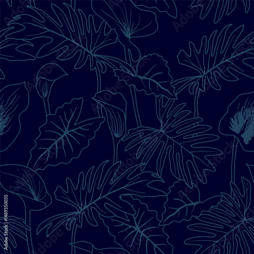 Hand drawn outline tropical leaves seamless pattern on dark navy blue background