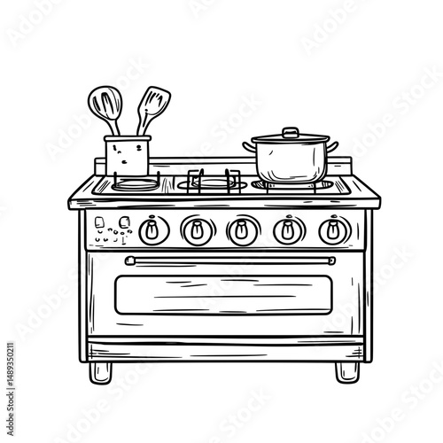 Line drawing of a kitchen stove with pot and utensils on top  