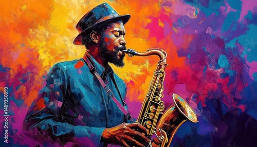 Vibrant portrait of a man in a hat passionately playing a saxophone against a colorful abstract background with warm and cool tones