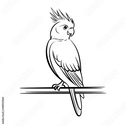 Cockatiel bird sitting on a branch in minimalist line drawing  