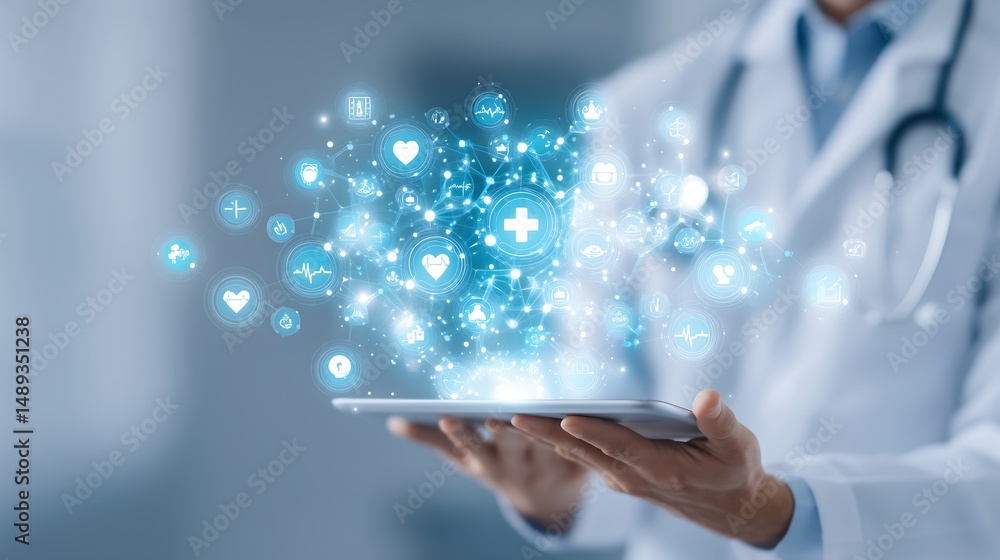 Doctor Holding Tablet with Holographic Health Network Icons.Generative AI Doctor Holding Tablet with Holographic Health Network Icons.Generative AI