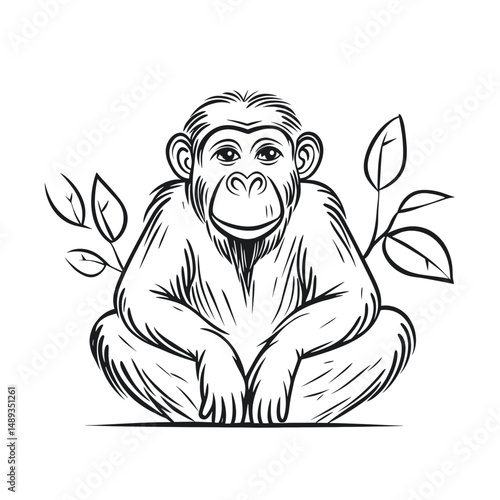 Chimpanzee sitting calmly among leaves in minimalist line drawing  