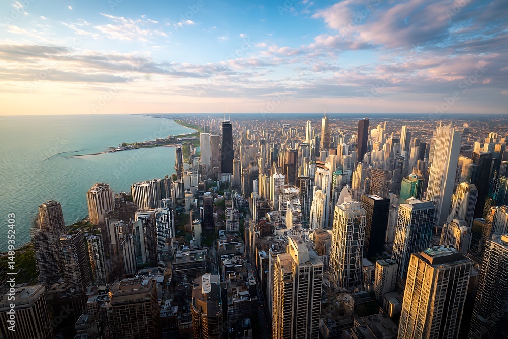 Fototapeta premium Chicago Skyline View with Lake Michigan, Skyscrapers, Urban Scene, and Cloudy Sky