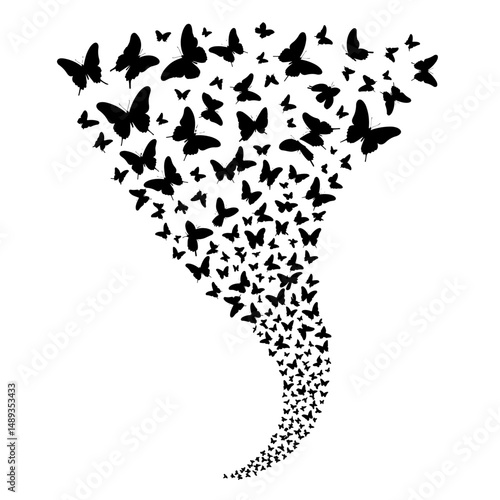 Swirling tornado of black butterflies in abstract design concept of travel