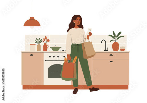 Young woman carrying grocery bags in modern kitchen at home  