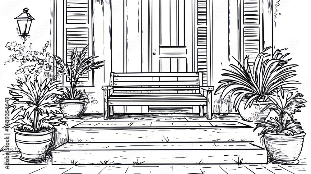 Fototapeta premium Porch bench, plants, house entrance, sketch, home design