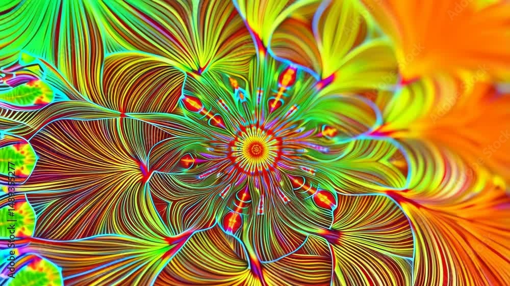 Vibrant abstract fractal bloom with radiant lines and glowing gradients of red, orange, magenta, yellow, green, and cyan in a kaleidoscopic pattern Vibrant abstract fractal bloom with radiant lines and glowing gradients of red, orange, magenta, yellow, green, and cyan in a kaleidoscopic pattern