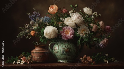 Fototapeta Naklejka Na Ścianę i Meble -  Floral still life with peonies in vintage setting