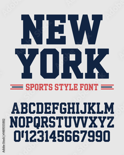 Classic college font. Vintage sport serif font in american style for football, soccer, baseball and basketball. Alphabet and numbers in varsity style