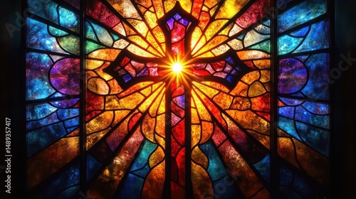 Bright sunlight shining through a colorful stained glass window featuring a large cross design, radiating warmth and spiritual illumination