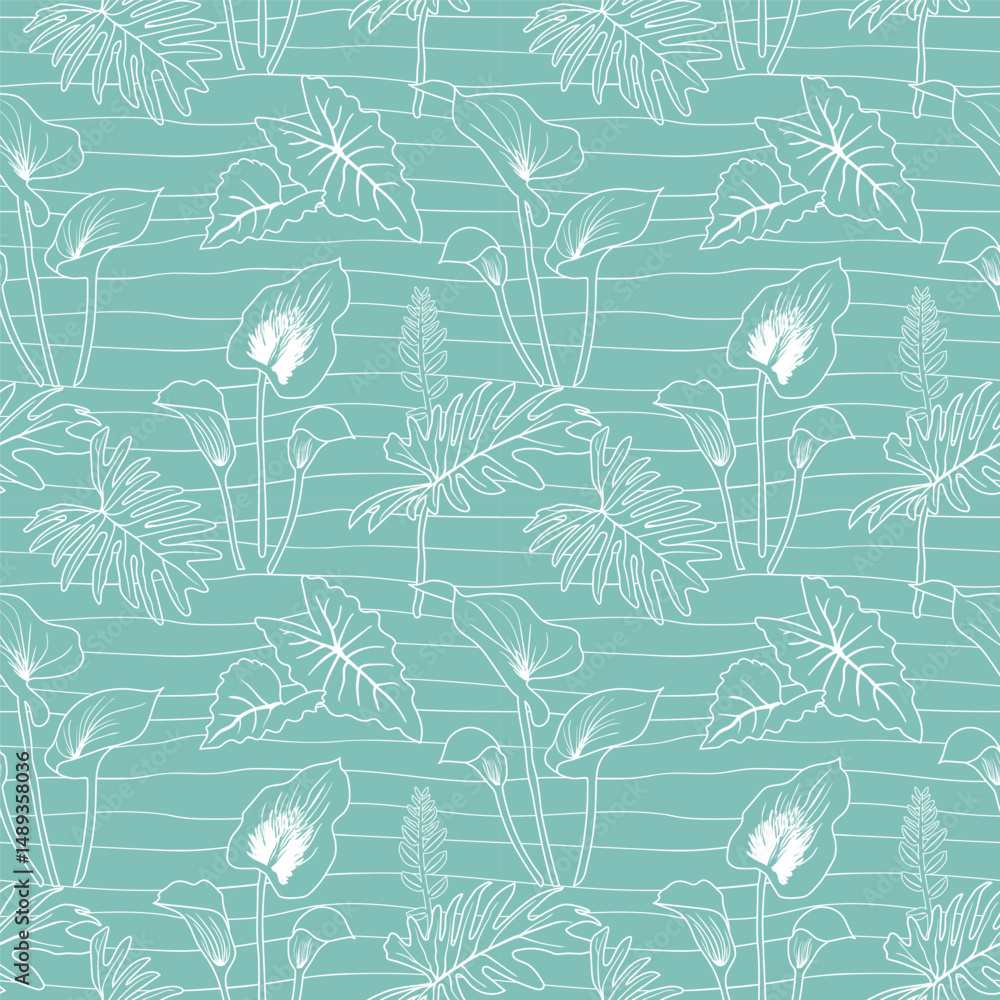 Fototapeta premium Hand drawn outline tropical leaves seamless pattern on blue background