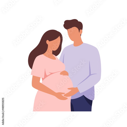 Expecting parents embracing belly in soft pastel colors  