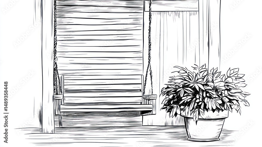 Fototapeta premium Porch swing, potted plant, wooden house, relaxing scene, home decor