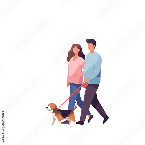Couple walking dog together in casual attire during their leisure time  