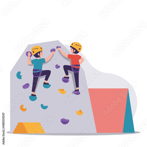 Two children climbing a rock wall with helmets in a colorful gym  